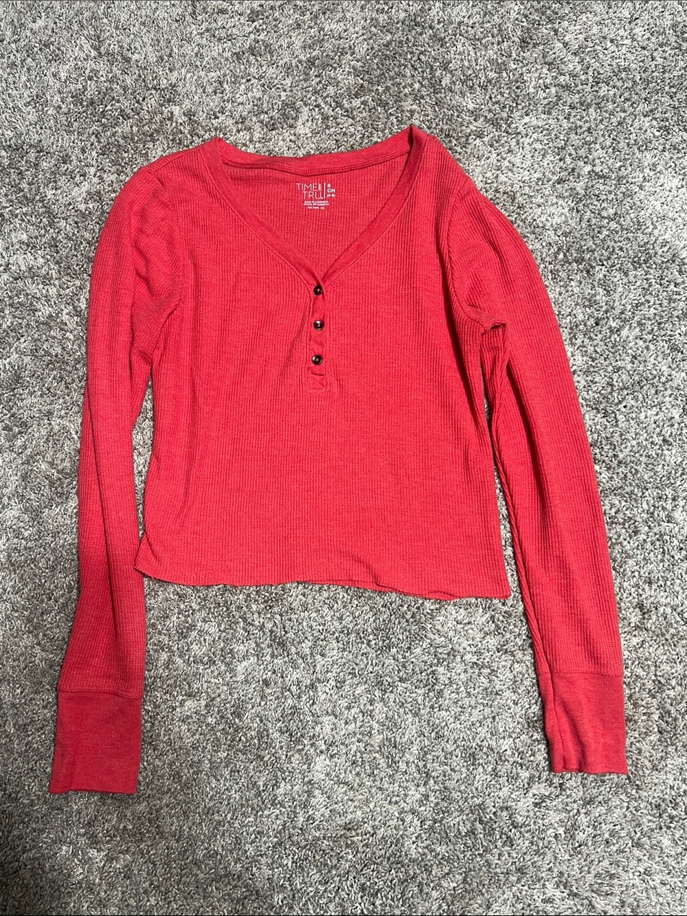 Time and Tru Coral-Red Ribbed Long Sleeve Henley Top
